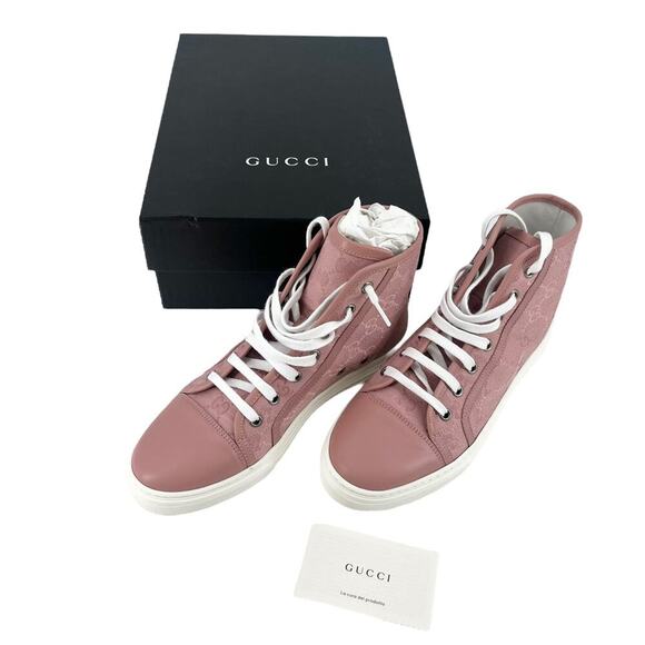 GUCCI GG Miro High Top Sneakers Soft Pink Monogram Lace Up Fabric EU 38 US 8 NEW - Picture 2 of 9